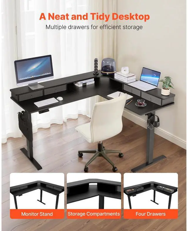 Alt view image 5 of 7 - KFFKFF L-Shaped Adjustable Height Desk, Electric Corner Gaming Table with CPU Stands, Dual Hooks, Fabric Drawers, and Power Strip, Ideal for Home Office, Easy Assembly, Black