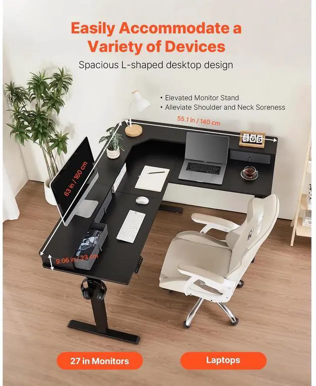 Alt view image 3 of 7 - KFFKFF L-Shaped Adjustable Height Desk, Electric Corner Gaming Table with CPU Stands, Dual Hooks, Fabric Drawers, and Power Strip, Ideal for Home Office, Easy Assembly, Black