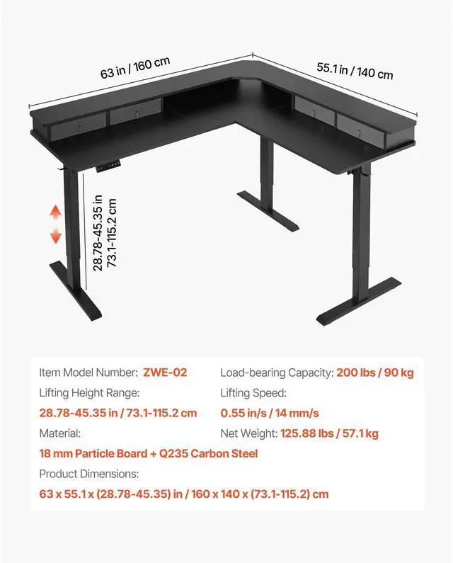 Alt view image 7 of 7 - KFFKFF L-Shaped Adjustable Height Desk, Electric Corner Gaming Table with CPU Stands, Dual Hooks, Fabric Drawers, and Power Strip, Ideal for Home Office, Easy Assembly, Black