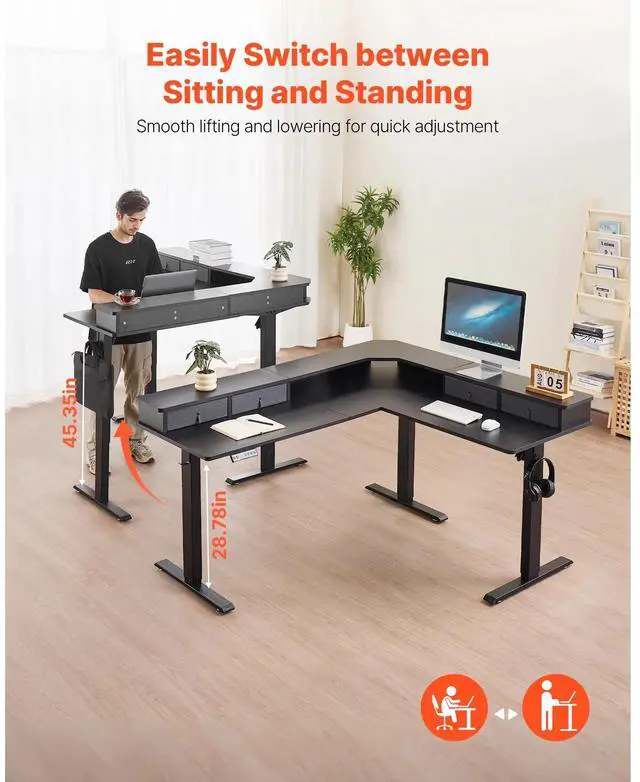 Alt view image 2 of 7 - KFFKFF L-Shaped Adjustable Height Desk, Electric Corner Gaming Table with CPU Stands, Dual Hooks, Fabric Drawers, and Power Strip, Ideal for Home Office, Easy Assembly, Black