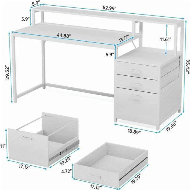 Alt view image 3 of 5 - Ergonomic Computer Desk with File Cabinet - 62.99" Monitor Stand, 45W×19.68D Desktop, 2 Drawers - for Home Office, Study & Gaming