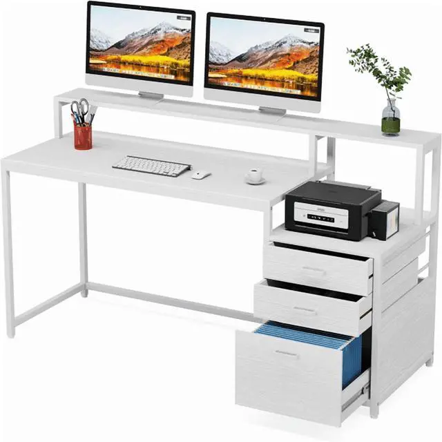 Alt view image 2 of 5 - Ergonomic Computer Desk with File Cabinet - 62.99" Monitor Stand, 45W×19.68D Desktop, 2 Drawers - for Home Office, Study & Gaming
