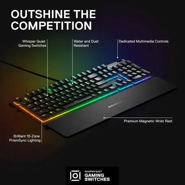 Alt view image 4 of 7 - SteelSeries Apex 3 RGB Gaming Keyboard 10-Zone RGB Illumination IP32 Water Resistant Premium Magnetic Wrist Rest (Whisper Quiet Gaming Switch)