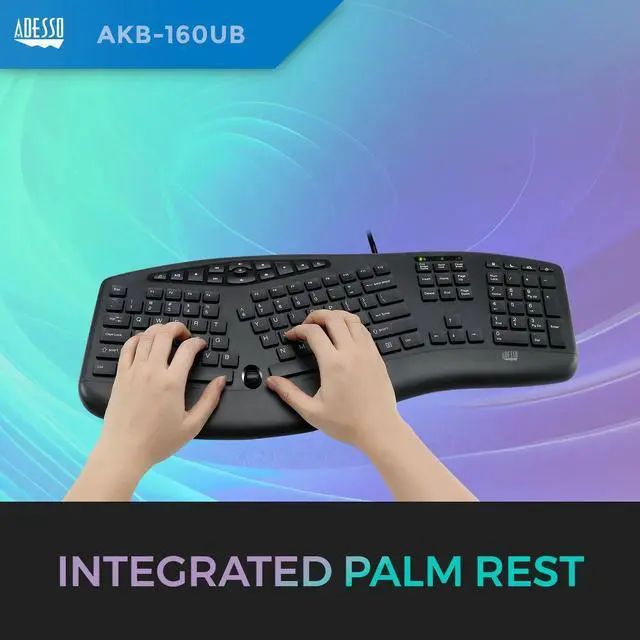 Alt view image 3 of 7 - Adesso AKB-160UB Wired Ergonomic Keyboard with Integrated Palm Rest, Chiclet Keycaps, and Multimedia Hotkeys