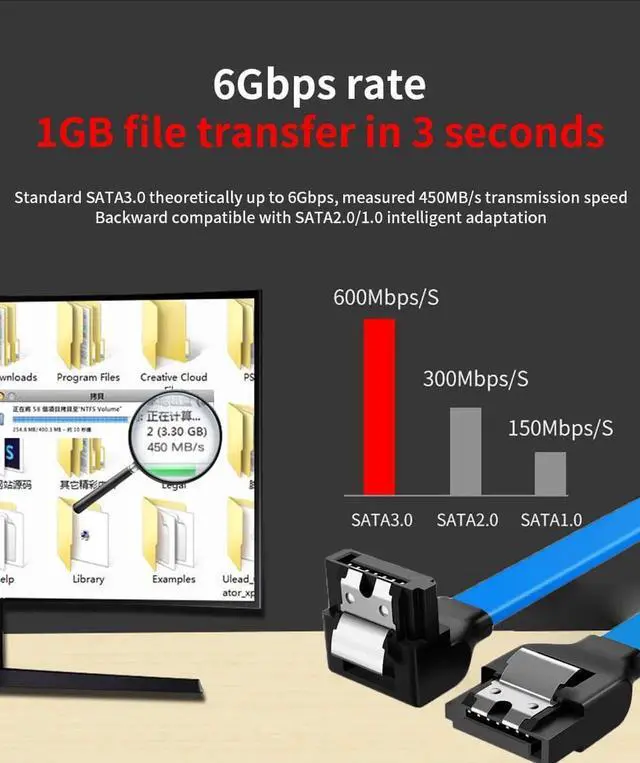 Alt view image 7 of 7 - SATA Cable III 5 Pack 6Gbps 7pin Female to 90 Degree Right-Angle Data Cable with Locking Latch Compatible for SATA SSD, HDD, CD Driver, CD Writer, 20 Inch Blue