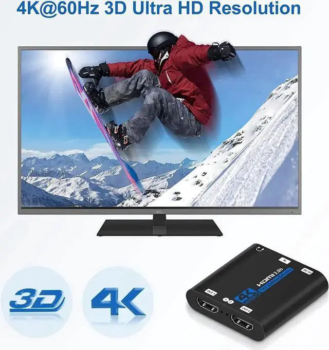 Alt view image 3 of 7 - 4K@60Hz HDMI Splitter 1x2,HDMI Splitter 1 in 2 Out for Dual Monitor, Supports Auto Scaling, HDCP 2.2, HDMI 2.0b, RGB 8:8:8, HDR 10, 3D for Xbox PS4/5 Fire Stick Cable Box