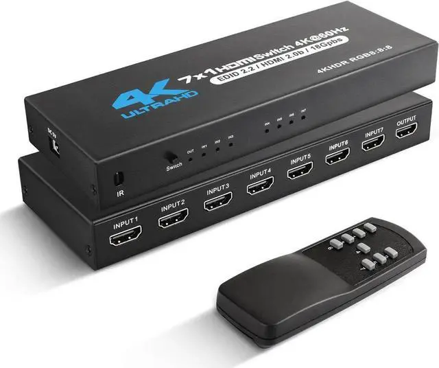 Main image of 4K HDMI Switch 7x1, 4K@60Hz 7 in 1 Out HDMI Switcher Selector with IR Remote Control, Supports HDCP 2.2 4K@60Hz UltraHD HDR10 3D HD1080P Dolby DST, HDMI Splitter for PS4 Xbox Fire Stick