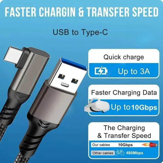 Alt view image 2 of 7 - 2-Pack USB A to USB C Cable Right Angle 10FT, USB 3.1/3.2 10Gbps Data Transfer and 60W 3A Fast Charging Long Cable for Android Auto Samsung, VR Link External, SSD and Other USB to Type C Device