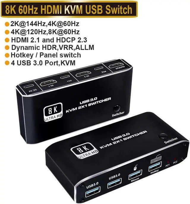 Main image of DIXSG HDMI KVM Switch, 8K USB Switch 2x1 HDMI2.1 Ports + 4X USB3.0 KVM Ports, Share 2 Computers one Monitor Switch,Supports 8K 60Hz,4K 120Hz,YUV 4:4:4, HDCP 2.3, HDR 10, Hotkey