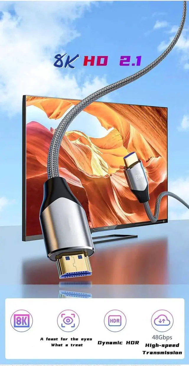 Alt view image 2 of 7 - 2PCS 8K HDMI 2.1 Cable 3.3ft,Certified 48Gbps Ultra High Speed HDMI Cable 8K60Hz, 4K120Hz eARC DTS:X HDR10+ HDCP 2.2&2.3 3D D.olby Atmos Compatible with Mac Gaming PC Soundbar PS5 Xbox