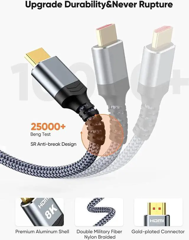 Alt view image 3 of 7 - 8K HDMI Cable 2.1 48Gbps , High Speed HDMI Braided Cord-4K@120Hz 8K@60Hz, DTS:X, HDCP 2.2 & 2.3, HDR 10 Compatible with Roku TV/PS5/HDTV/Blu-ray,1-Pack 6.6 ft.