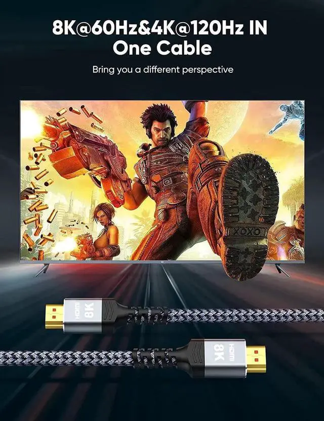 Alt view image 2 of 7 - 8K HDMI Cable 2.1 48Gbps 3.3FT/1M, High Speed HDMI Braided Cord-4K@120Hz 8K@60Hz, DTS:X, HDCP 2.2 & 2.3, HDR 10 Compatible with Roku TV/PS5/HDTV/Blu-ray,1-Pack