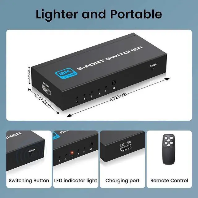 Alt view image 6 of 7 - DIXSG HDMI 2.1 Switch 5X1, Ultra HD 8K HDMI Switch Box with Remote Supports 4K@120Hz, 8K@60Hz Auto CEC 3D HDCP2.3, 5 Port HDMI Switcher Compatible with PS5/4/3, Xbox,Fire Stick, TV,Projectors