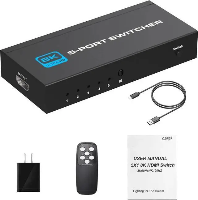 Alt view image 7 of 7 - DIXSG HDMI 2.1 Switch 5X1, Ultra HD 8K HDMI Switch Box with Remote Supports 4K@120Hz, 8K@60Hz Auto CEC 3D HDCP2.3, 5 Port HDMI Switcher Compatible with PS5/4/3, Xbox,Fire Stick, TV,Projectors