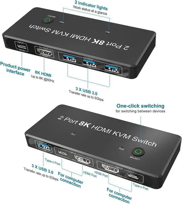 Alt view image 7 of 7 - DIXSG 2 Port 8K HDMI KVM Switch 2 in 1 Out 8K@60Hz 4K@120Hz 2 PC to 1 Monitor with 4 USB 3.0 Ports for Sharing Keyboard, Mouse, U Disk