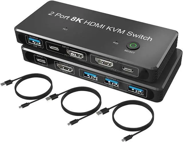 Alt view image 2 of 7 - DIXSG 2 Port 8K HDMI KVM Switch 2 in 1 Out 8K@60Hz 4K@120Hz 2 PC to 1 Monitor with 4 USB 3.0 Ports for Sharing Keyboard, Mouse, U Disk