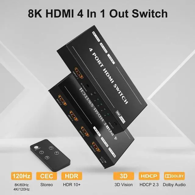 Alt view image 2 of 7 - DIXSG 4 port 8K HDMI Switch Splitter 4 In 1 Out HDMI 2.1 Switcher 8K@60Hz 4K@144Hz for Switch Multiple Source and Display Compatible with PS5 Xbox Set-top Box etc More