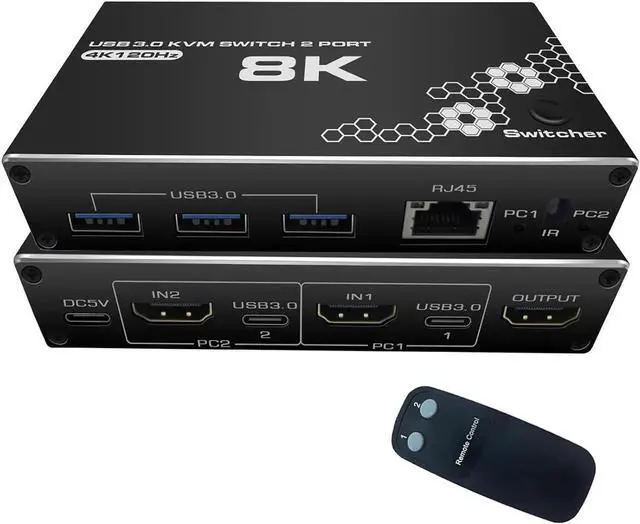 Main image of DIXSG 4K/120HZ HDMI KVM Switch, USB 3.0 Switcher, KVM Switcher Support 8K@30Hz, 4K/120HZ, 1080/240HZ, 2 Computers Share 3 USB Hub Keyboard Mouse Switch and 1 RJ45 Ethernet Switch with Remote