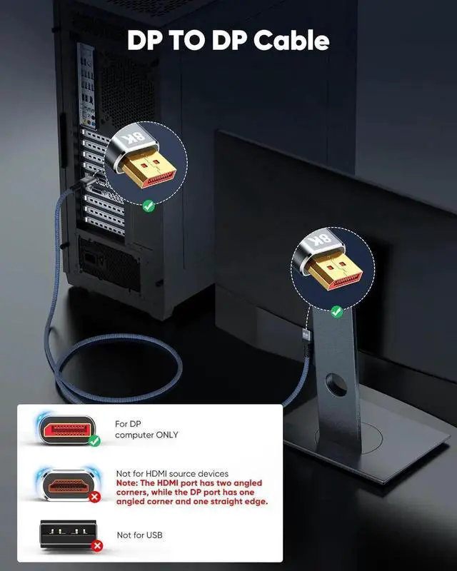 Alt view image 4 of 7 - DisplayPort Cable 8K 1.4, Certified 8K 4K DP Cable 6.6ft, Display Port Cable [8K@60Hz, 4K@144Hz, 2K@240Hz, 32.4Gbps], High Refresh Rate for Gaming Monitor, HBR3, HDR, Graphics Card, PC 6.6 Feet