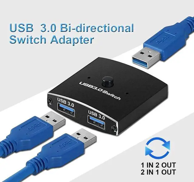 Main image of USB 3.0 Switch Selector,USB Switcher 2 in 1 Out Bi-Directional USB Sharing Switch for PC, Printer, Scanner, Keyboard, 2 Computers Share 1 USB Devices, Package Includes Two 3.3FT Data Cables