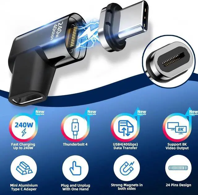 Alt view image 2 of 7 - DIXSG 240W USB C Elbow Magnetic Adapter, (2 Pack) Magnetic USB C Adapter Right Angle 24Pin with USB4 40Gbps 8K 60Hz for iPhone 15 Series, Thunderbolt 3/4, MacBook Pro/Air and More Type C Devices