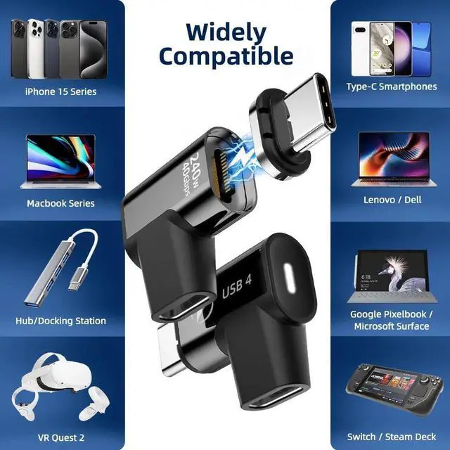Alt view image 4 of 7 - DIXSG 240W USB C Elbow Magnetic Adapter, (2 Pack) Magnetic USB C Adapter Right Angle 24Pin with USB4 40Gbps 8K 60Hz for iPhone 15 Series, Thunderbolt 3/4, MacBook Pro/Air and More Type C Devices