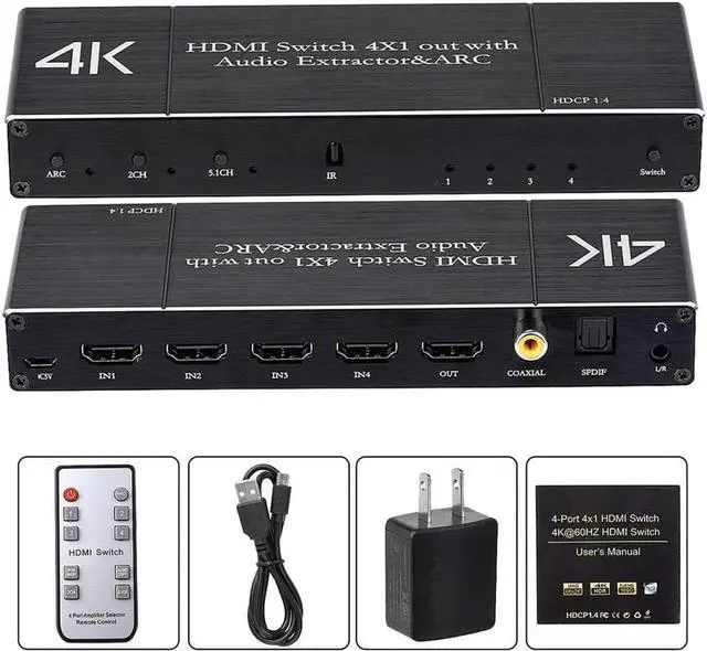 Alt view image 7 of 7 - DIXSG 4K HDMI 2.0 Switch 4x1 HDMI Switcher Audio Extractor with SPDIF Coaxial 3.5mm Audio Out With ARC For PS3 PS4 Apple TV HDTV