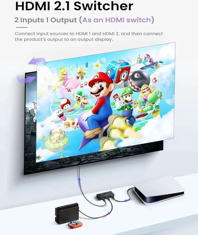 Alt view image 2 of 7 - DIXSG 8K HDMI 2.1 Switch 4K@120Hz, Bi-Directional 2 in 1 Out HDMI Splitter Switcher with Remote, 8K@60Hz Aluminum HDMI Splitter 1 in 2 Out 48Gbps Ultra HD Compatible with PS5 Xbox Fire Stick