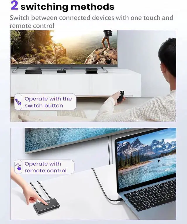 Alt view image 4 of 7 - DIXSG 8K HDMI 2.1 Switch 4K@120Hz, Bi-Directional 2 in 1 Out HDMI Splitter Switcher with Remote, 8K@60Hz Aluminum HDMI Splitter 1 in 2 Out 48Gbps Ultra HD Compatible with PS5 Xbox Fire Stick