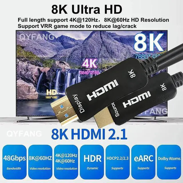 Alt view image 4 of 7 - DIXSG 8K Fiber Optic HDMI 2.1 Cable 16FT/5M,8K60hz 4K120hz 4K144hz HDCP 2.3 2.2 48Gbps Ultra High Speed Compatible with Apple-TV Dolby Vision Atmos PS5 PS4, Xbox, RTX 3080 3090
