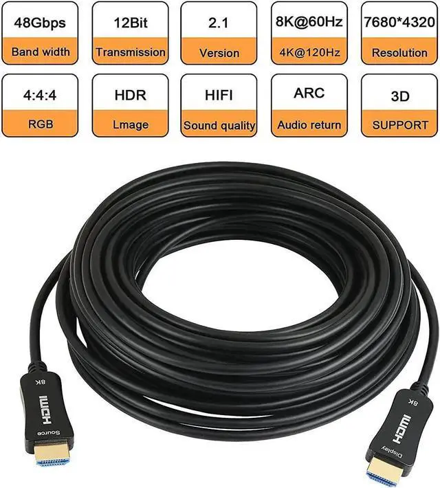 Alt view image 2 of 7 - DIXSG 8K Fiber Optic HDMI 2.1 Cable 16FT/5M,8K60hz 4K120hz 4K144hz HDCP 2.3 2.2 48Gbps Ultra High Speed Compatible with Apple-TV Dolby Vision Atmos PS5 PS4, Xbox, RTX 3080 3090