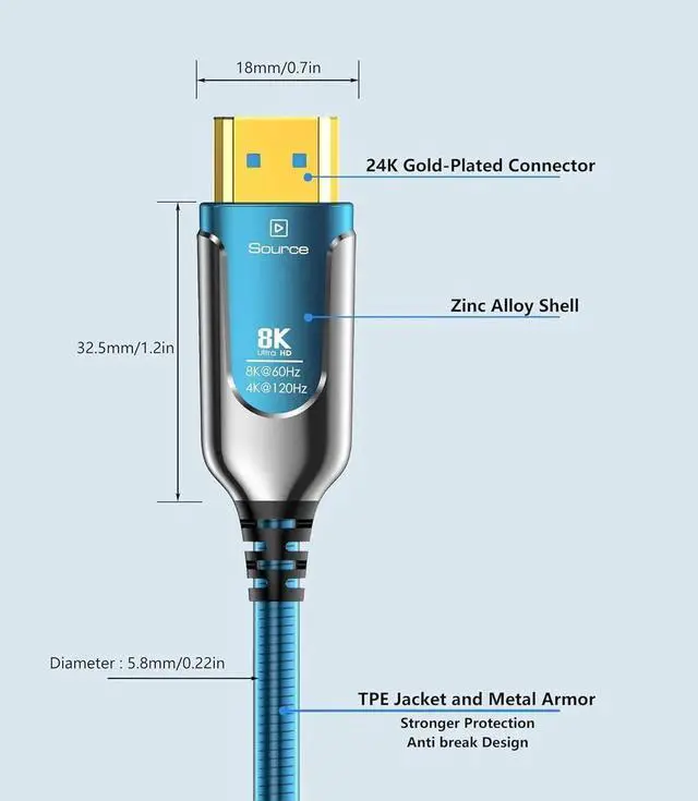 Alt view image 2 of 7 - DIXSG 16Ft Fiber Optic HDMI Cables 8K 48Gbps, [UPGATED] Metal Armor Jacket, Ultra High Speed HDMI 2.1 Cable, 8K@60Hz 4K@120Hz, Compatible for Playstation 5 PC HDTV, Male-to-Male