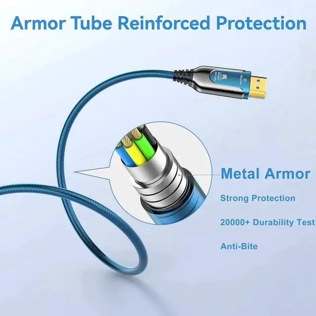 Alt view image 3 of 7 - DIXSG 16Ft Fiber Optic HDMI Cables 8K 48Gbps, [UPGATED] Metal Armor Jacket, Ultra High Speed HDMI 2.1 Cable, 8K@60Hz 4K@120Hz, Compatible for Playstation 5 PC HDTV, Male-to-Male