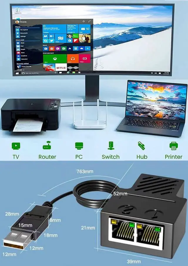 Alt view image 6 of 7 - DIXSG RJ45 Network Splitter Adapter, 1 to 2 Dual Female USB to RJ45 Port with USB Power Cable LAN Interface Ethernet Socket Connector 8P8C Extender Plug Go Online Simultaneously for Cat6, Cat7