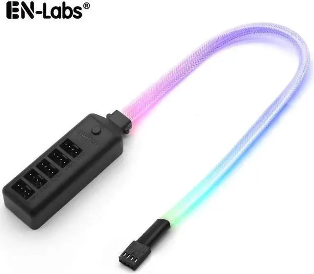 Alt view image 4 of 5 - PWM Fan Hub w/ LED RGB Colorful Switch,1 to 5 Sleeved PWM Fan Splitter Hub Adapter Cable for 12V Desktop Computer Cooler Case Fans 4-Pin & 3-Pin - 1.3ft