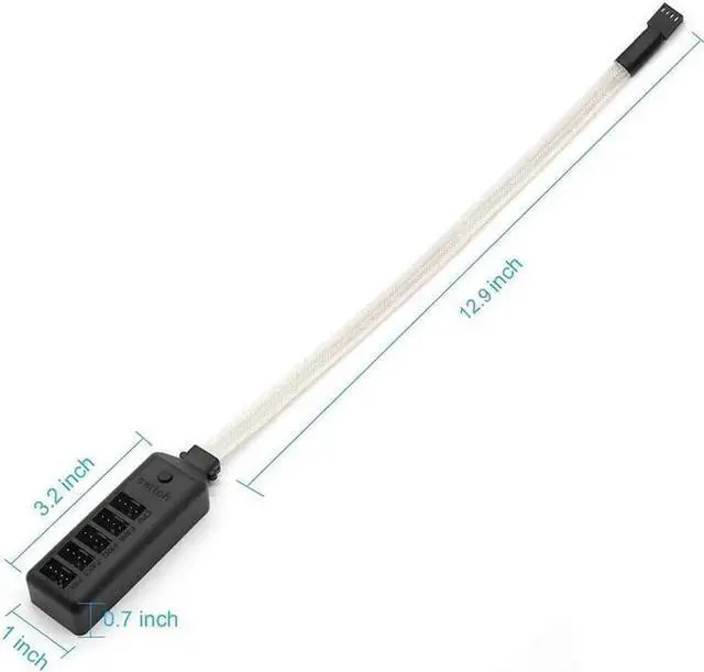 Alt view image 2 of 5 - PWM Fan Hub w/ LED RGB Colorful Switch,1 to 5 Sleeved PWM Fan Splitter Hub Adapter Cable for 12V Desktop Computer Cooler Case Fans 4-Pin & 3-Pin - 1.3ft