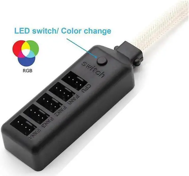 Main image of PWM Fan Hub w/ LED RGB Colorful Switch,1 to 5 Sleeved PWM Fan Splitter Hub Adapter Cable for 12V Desktop Computer Cooler Case Fans 4-Pin & 3-Pin - 1.3ft