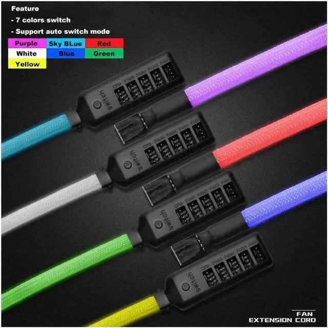 Alt view image 5 of 5 - PWM Fan Hub w/ LED RGB Colorful Switch,1 to 5 Sleeved PWM Fan Splitter Hub Adapter Cable for 12V Desktop Computer Cooler Case Fans 4-Pin & 3-Pin - 1.3ft