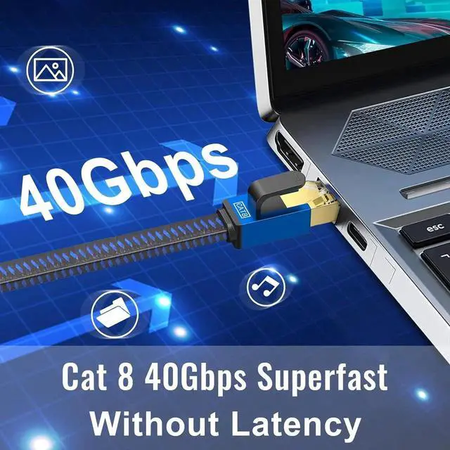 Alt view image 5 of 7 - Cat 8 Ethernet Cable 3.3FT / 1M, High Speed Internet Nylon Braided Network Cable RJ45 Connectors SSTP Shielded Flat LAN Cable Cat8 Ethernet Cables 3.3feet for Modem, Router, LAN, Computer