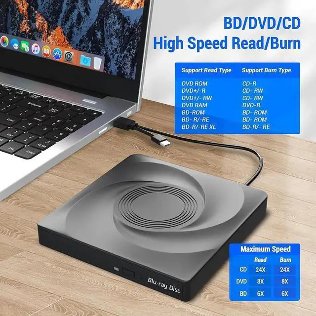 Alt view image 3 of 7 - External Blu-ray Drive, USB 3.0 and Type-C External Blu-Ray Burner Slim 3D Optical Blu-Ray DVD CD Drive Compatible with Windows XP/7/8/10 MacOS for Laptop Desktop