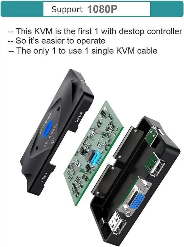 Alt view image 3 of 6 - MT-VIKI KVM Switch VGA 2 Port, KVM Switch Console with 3 USB Hub + 2 in1 Cables + Desktop Selector