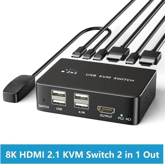 Main image of 8K@60Hz HDMI 2.1 USB KVM Switch 1 Monitors 2 Computers, 4K@120Hz USB switcher HDMI KVM Switch 2 in 1 Out with Remote and 4 USB 2.0 Port, 2 USB Cables and 1 Desktop Controller for Work or Entertainment