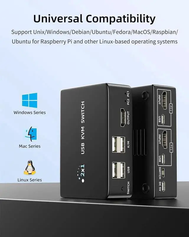 Alt view image 4 of 7 - 8K@60Hz HDMI 2.1 USB KVM Switch 1 Monitors 2 Computers, 4K@120Hz USB switcher HDMI KVM Switch 2 in 1 Out with Remote and 4 USB 2.0 Port, 2 USB Cables and 1 Desktop Controller for Work or Entertainment