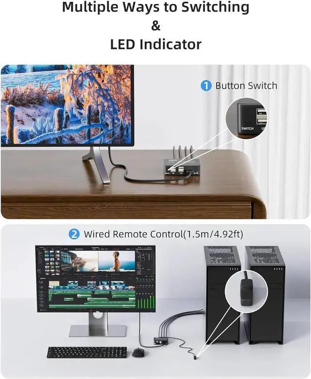 Alt view image 5 of 7 - 8K@60Hz HDMI 2.1 USB KVM Switch 1 Monitors 2 Computers, 4K@120Hz USB switcher HDMI KVM Switch 2 in 1 Out with Remote and 4 USB 2.0 Port, 2 USB Cables and 1 Desktop Controller for Work or Entertainment