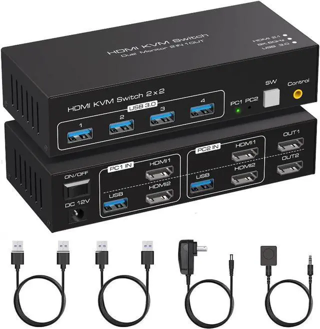 Main image of HDMI KVM Switch Monitors 2 Computers, 8K60HZ/4K120Hz KVM Switch Dual Monitors 2 Computers with 4 USB 3.0 Port, HDMI KVM Switch 2 Port Support Button and Remote Switch, 2 PC Sharing 4 USB Devices