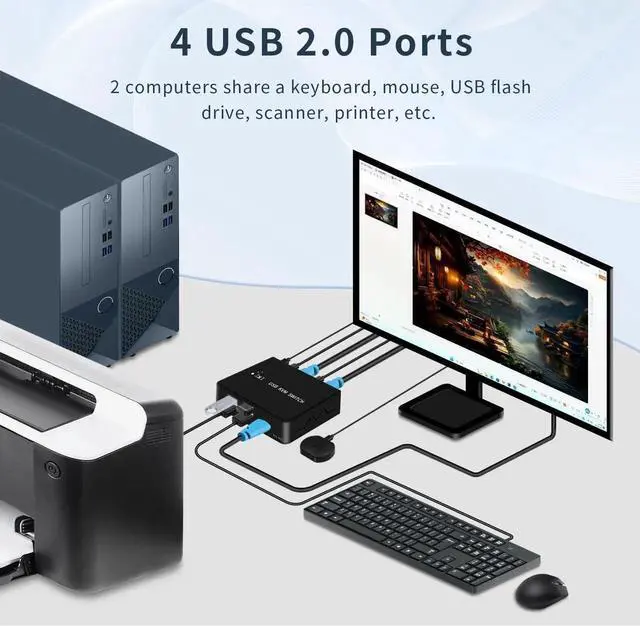Alt view image 3 of 7 - HDMI KVM Switches 4K@60hz 2 Ports HDMI Kvm Switch 1 Monitors 2 Computers,USB Switcher 2 Computers Share 4 Usb2.0 Devices Keyboard Mouse Printer USB Switch,Supports Desktop Controller and Button Switch