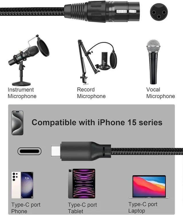 Alt view image 3 of 7 - DIXSG 3.3ft/1M XLR Female to USB C Microphone Audio Cable, USB Type-C to XLR Microphone Cable Adapter for Audio Recording, Dynamic Microphone, Compatible with iPhone15 Series, Tablet, Laptop etc