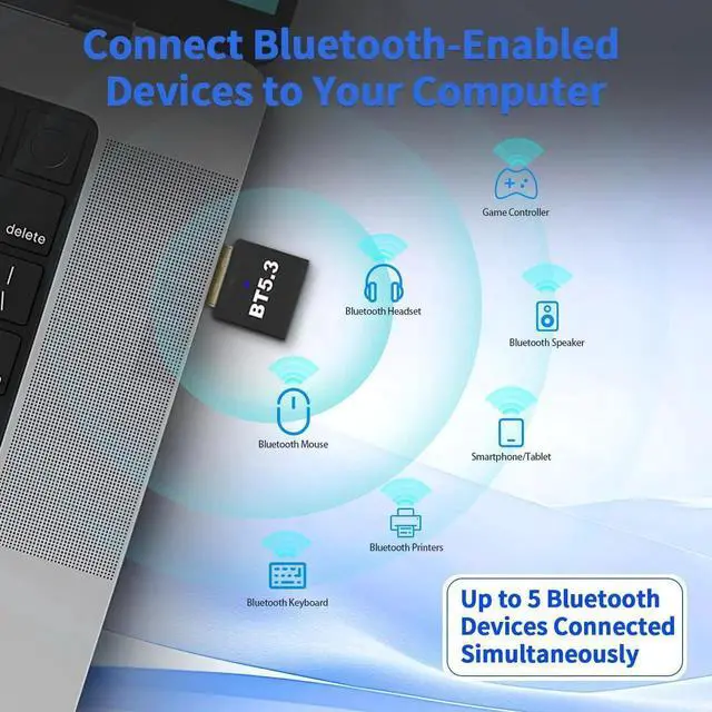 Alt view image 5 of 7 - USB Bluetooth 5.3 Adapter for PC Desktop, 20M Wireless Transmitter Dongle for Windows 11/10/8.1 Computer Laptop, Plug & Play, Pair w/Bluetooth Headset Headphones Speaker Keyboard Mouse Printer