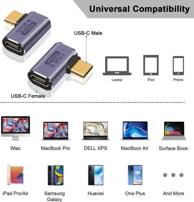 Alt view image 6 of 6 - DIXSG Right Angle USB C Adapter, 40Gbps 90 Degree Type C Extender Support 8K Video & 100W Charging for Thunderbolt 4, USB 4, Mobile Phone, Tablet, 2Pack