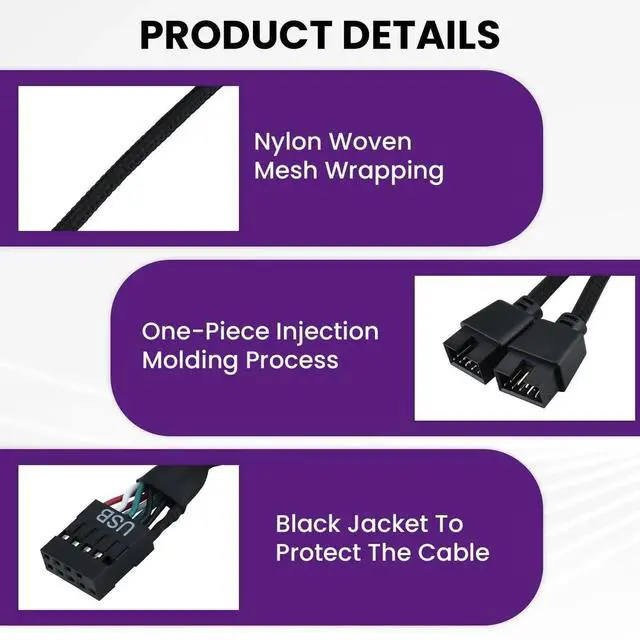 Alt view image 4 of 5 - 2Pcs Motherboard 9 Pin USB 2.0 to Dual 9 Pin Extension Splitter, USB 2.0 Header Splitter Nylon Braided Cable for PC Computer Internal Motherboard USB Hub, Black